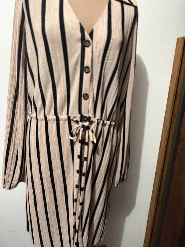 ASOS Design beige black vertical stripes shirt dress button waist tie minimalist clean look long sleeve size 10