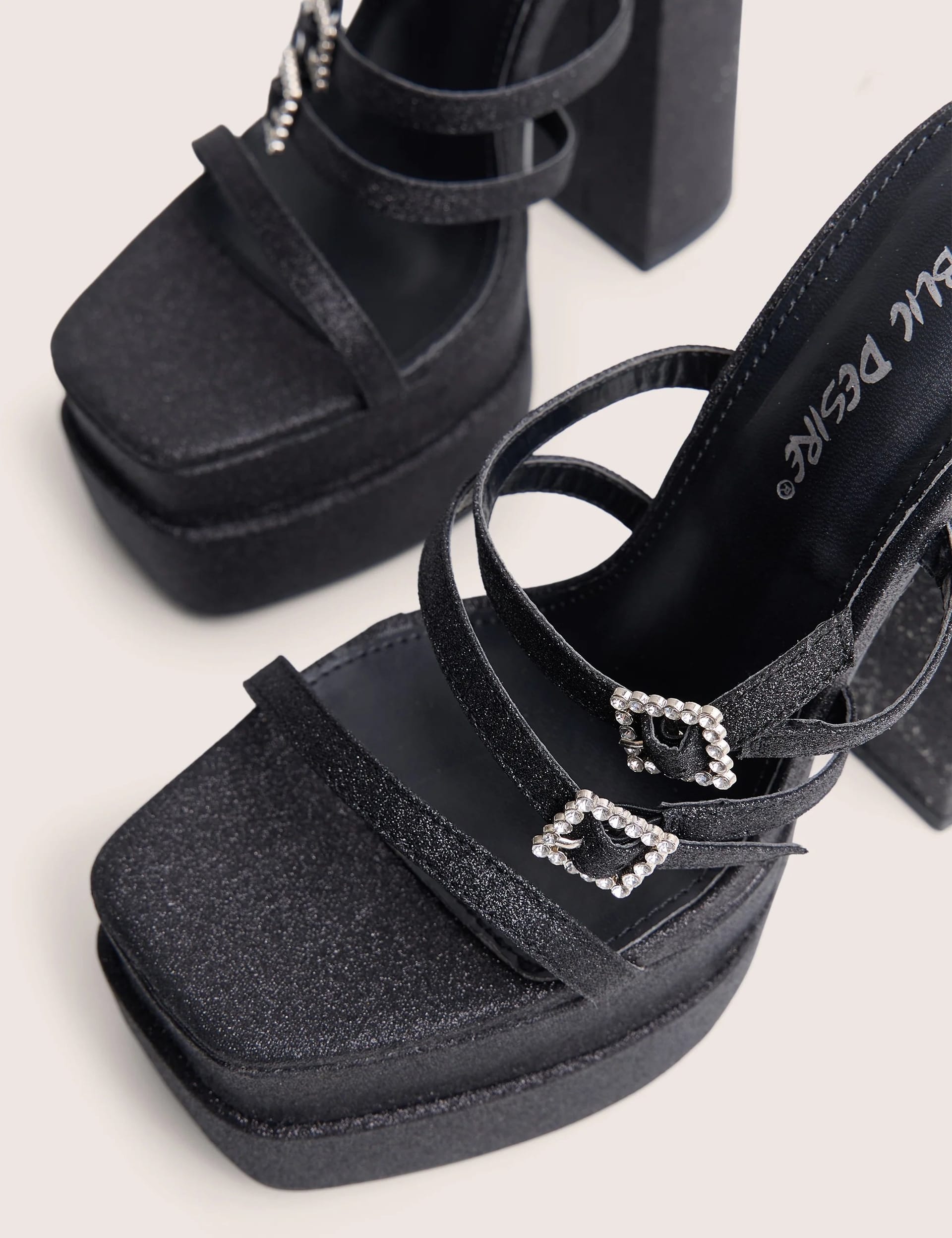 Public Desire Disco Ball Black Buckle Embellished Detail Platform Heels - 4
