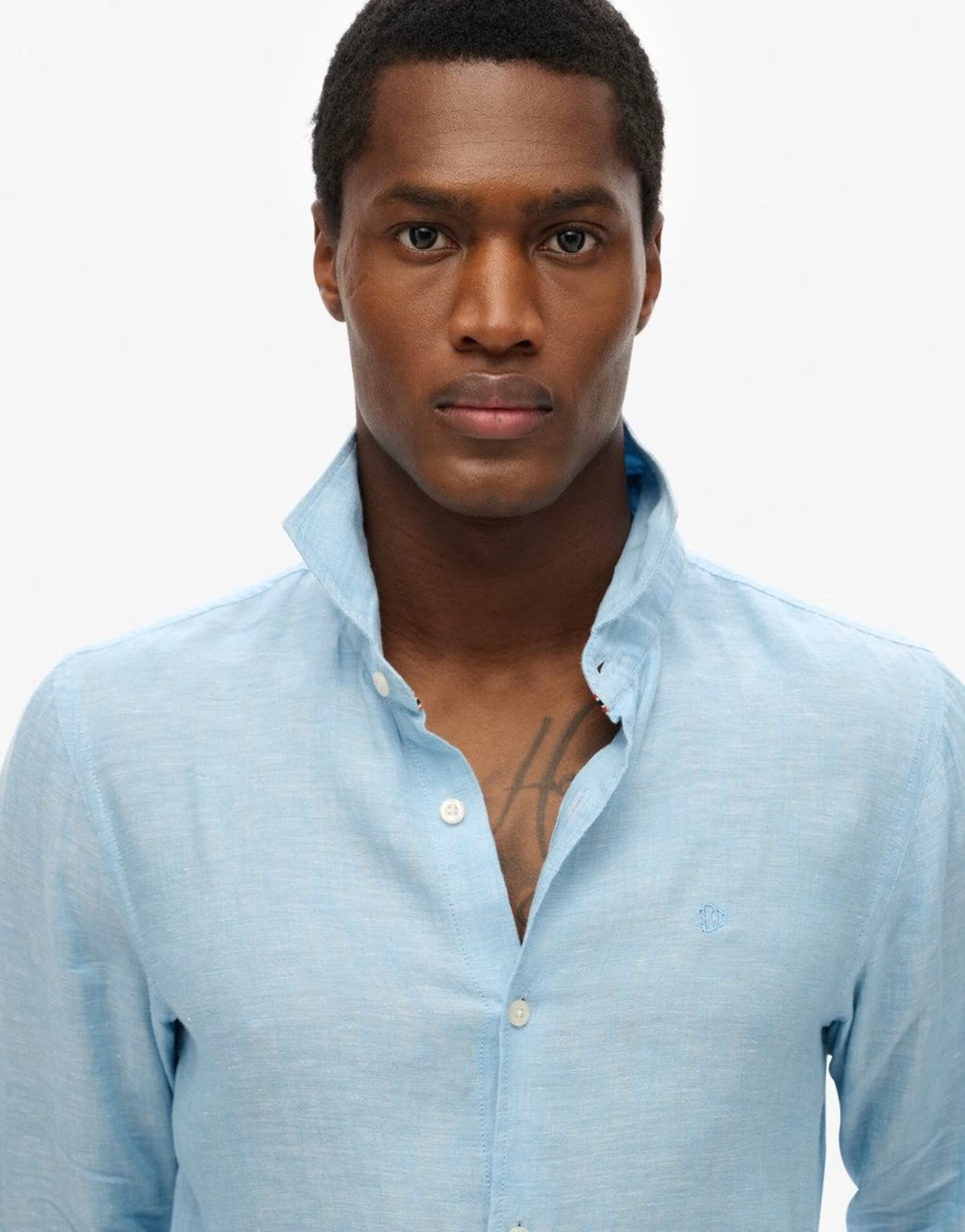 ASOS Superdry Embroidered vacation linen shirt in sea blue chambray