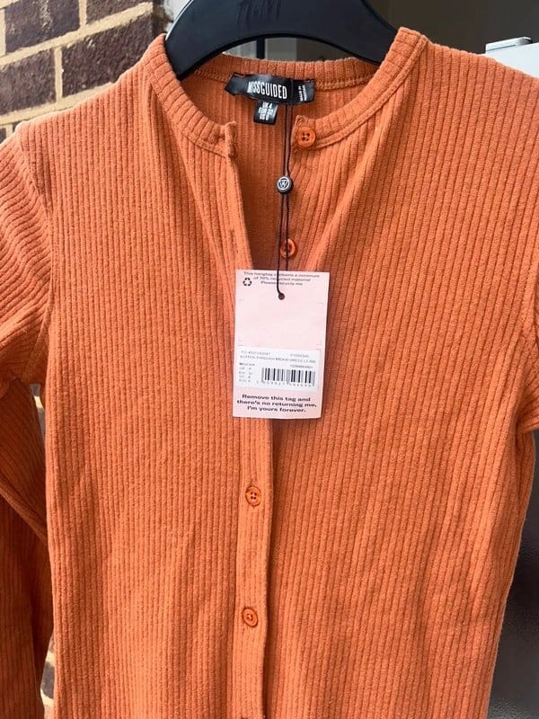 Missguided Burnt Rust Ribbed Button-Up Long Sleeve Dress