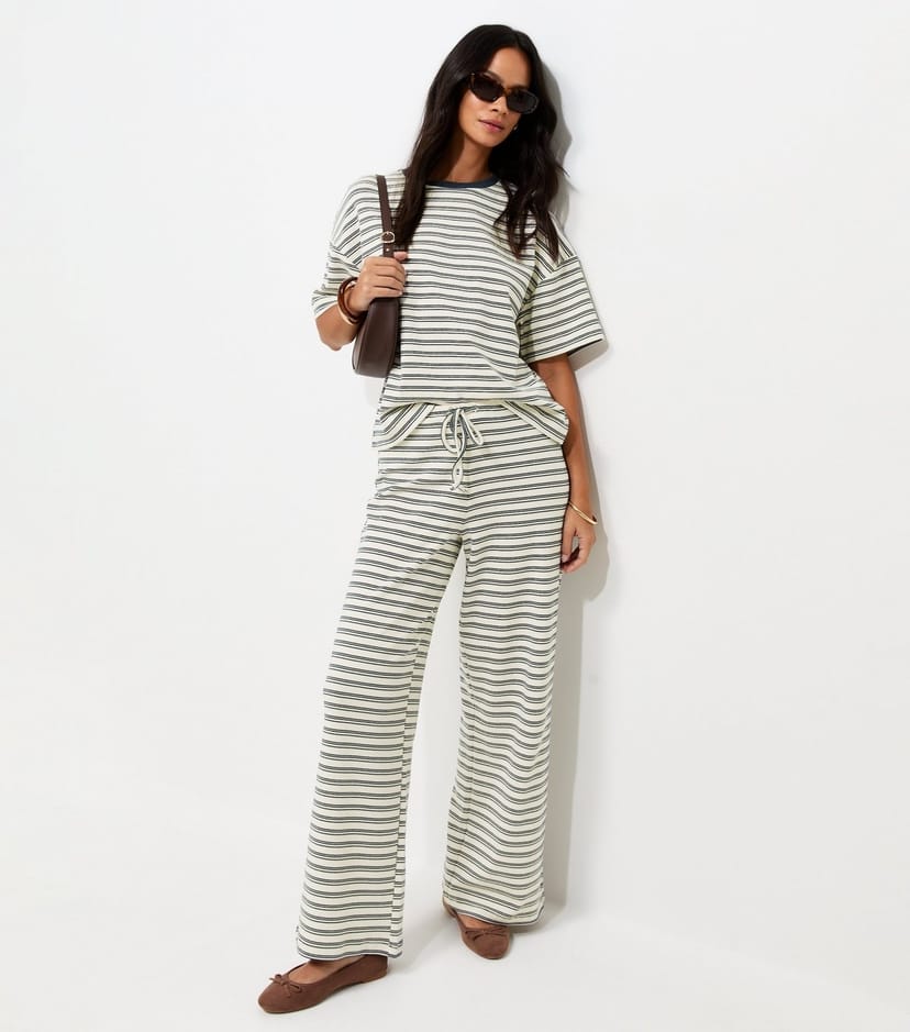 New Look Women's Blue Soft Touch Striped Drawstring Wide Leg Trousers New Look - 1
