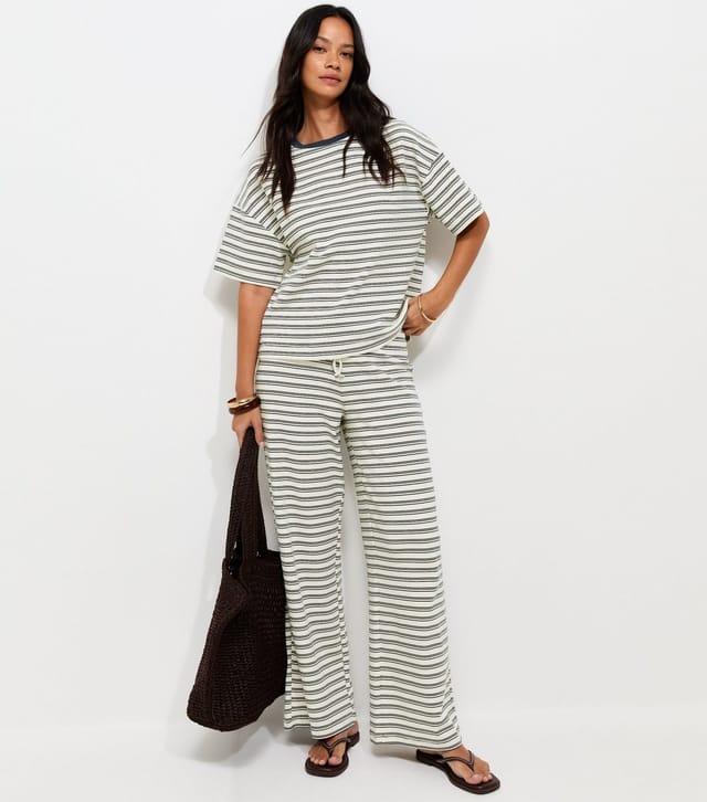 New Look Women's Blue Soft Touch Striped Drawstring Wide Leg Trousers New Look - 2