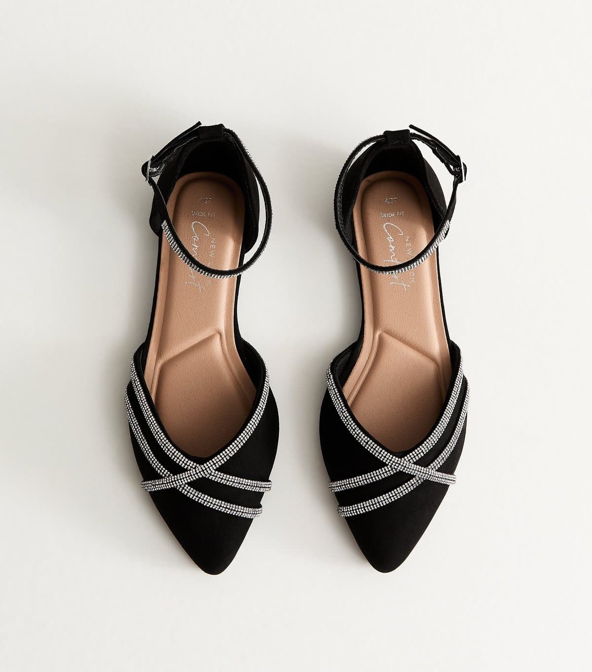 New Look Women's Wide Fit Black Faux Suede Bling Ballerina Pumps Vegan New Look