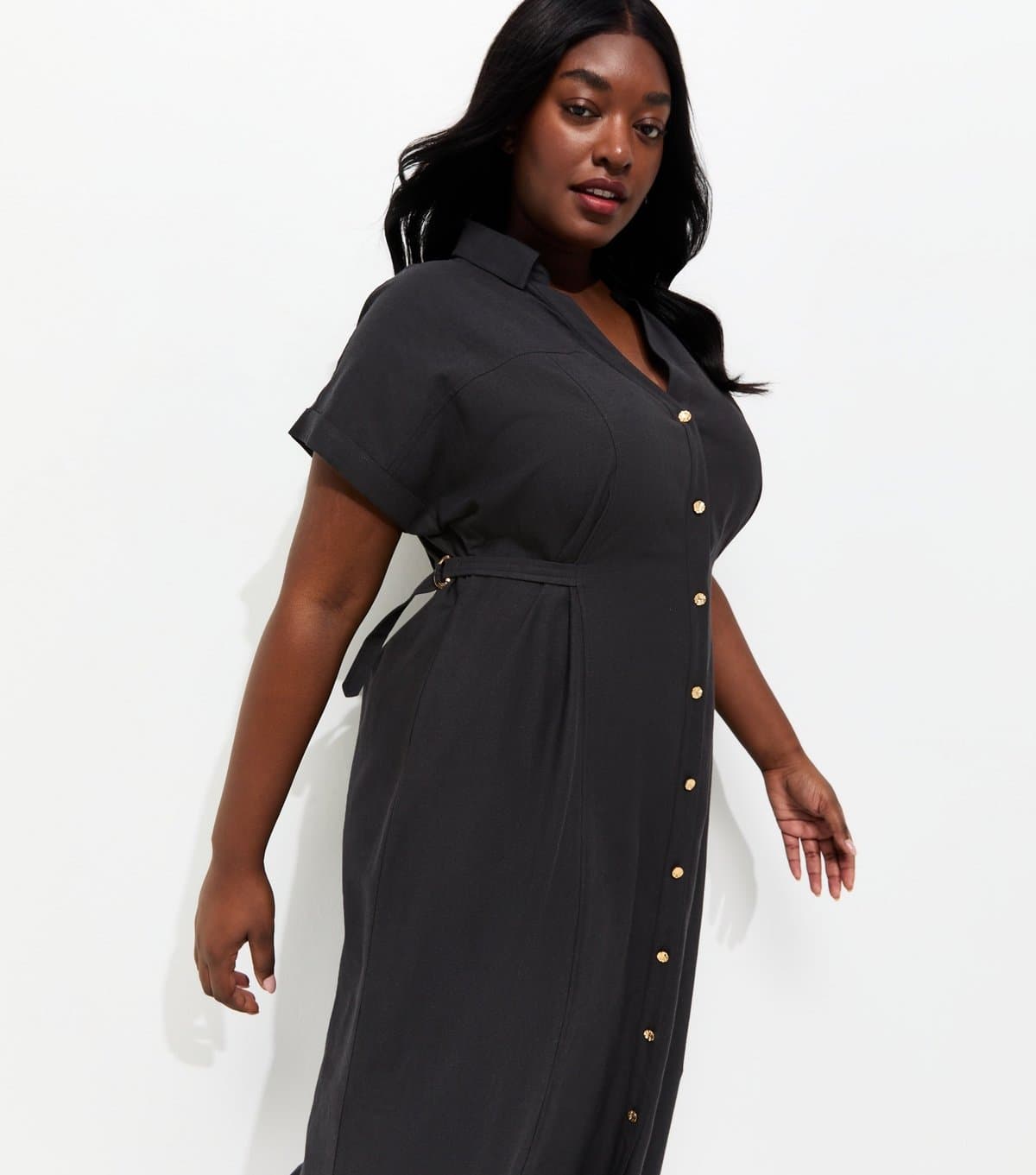 New Look Women's Plus Size Black With Cotton Midi Shirt Dress Curves New Look