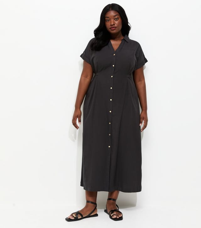 New Look Women's Plus Size Black With Cotton Midi Shirt Dress Curves New Look - 2
