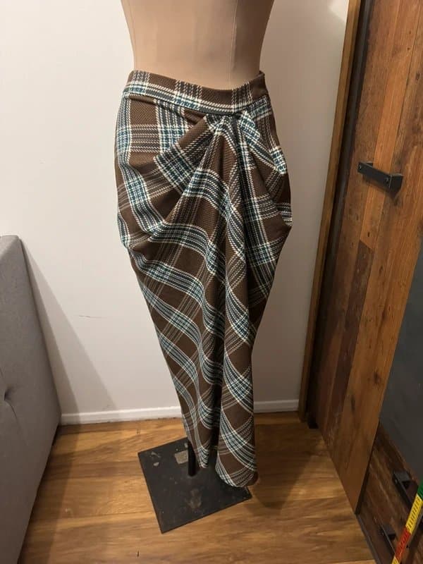 ASOS Design brown teal plaid tartan draped cinched pinch maxi skirt dark academia size 10