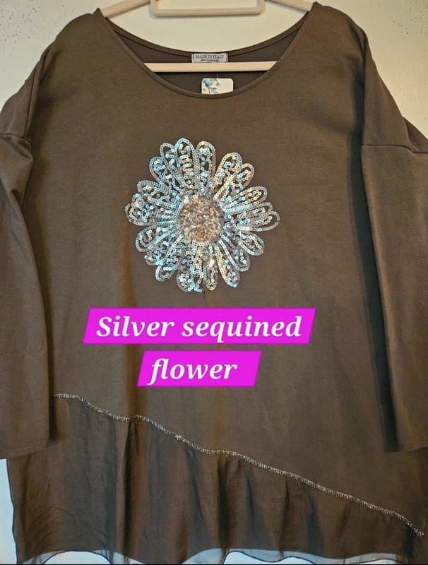 Made In Italy Selling new ladies chocolate & silver flower top size 22/24