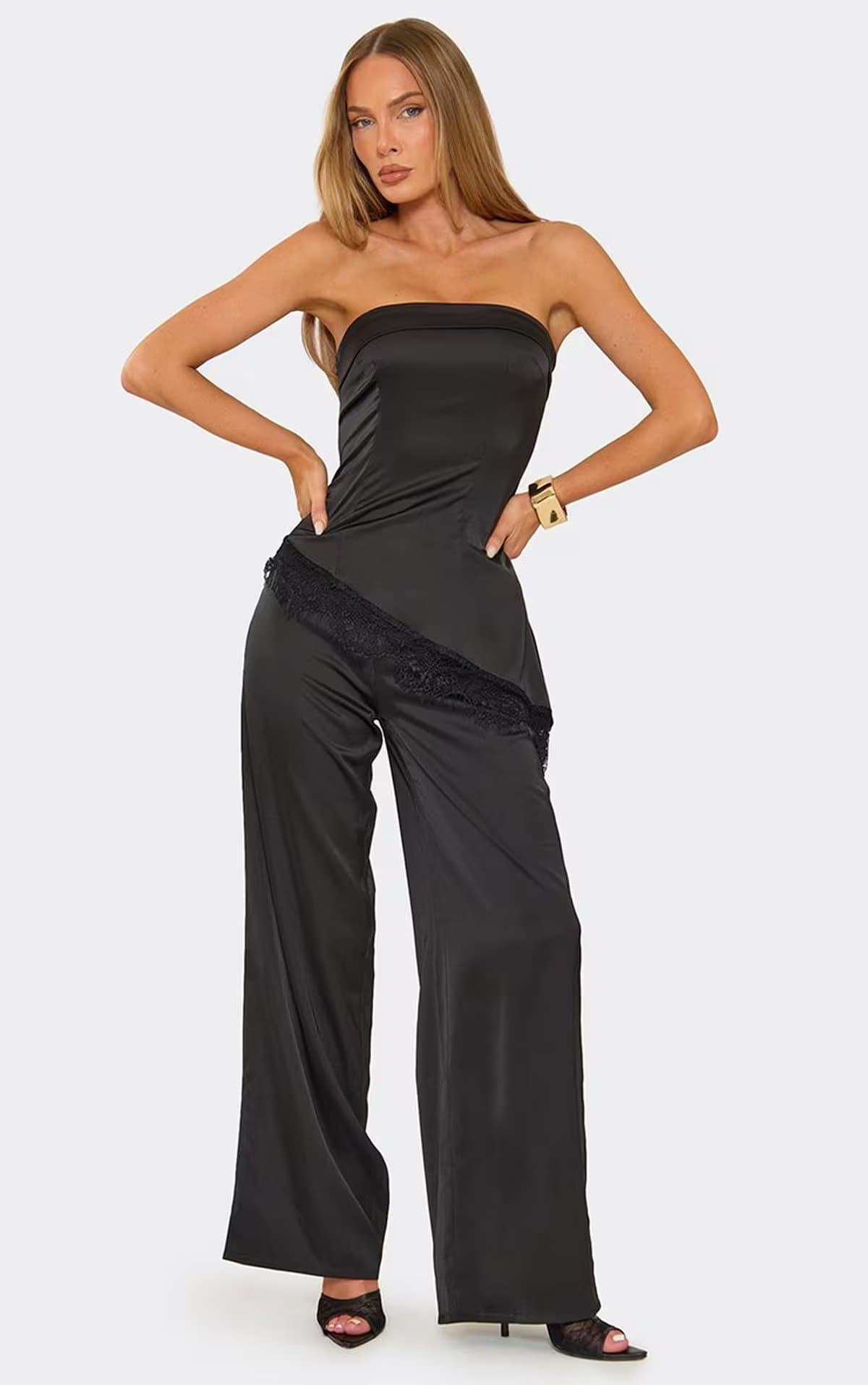 EGO Bandeau Aysmmetric Lace Trim Detail Jumpsuit In Black Satin, Women's Size UK 6