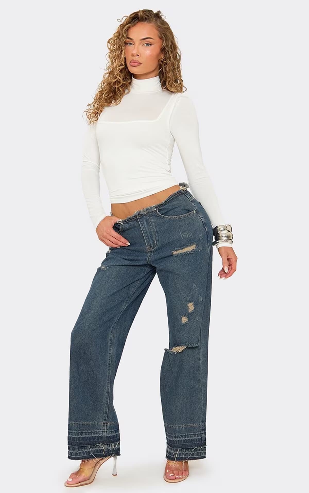 EGO Long Sleeve High Neck Double Layered Top In White, Women's Size UK 6