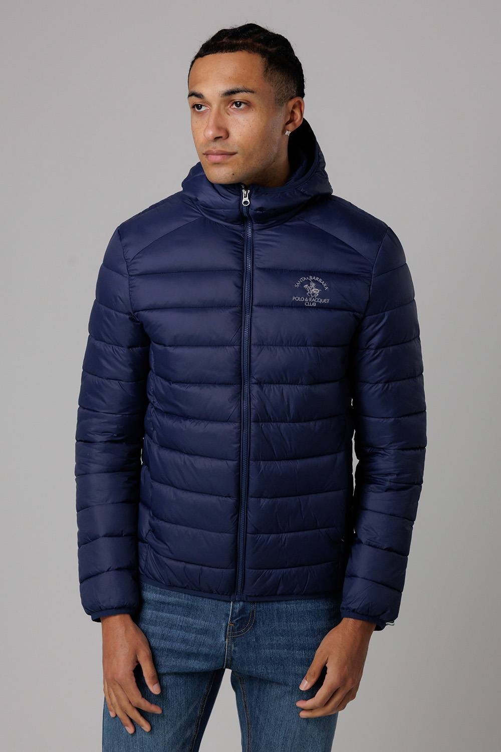 Santa Barbara Polo & Racquet Club Santa Barbara Polo & Racquet Club Men's Lightweight Zip Through Hooded Padded Jacket with Zipped Pockets in Navy - 3