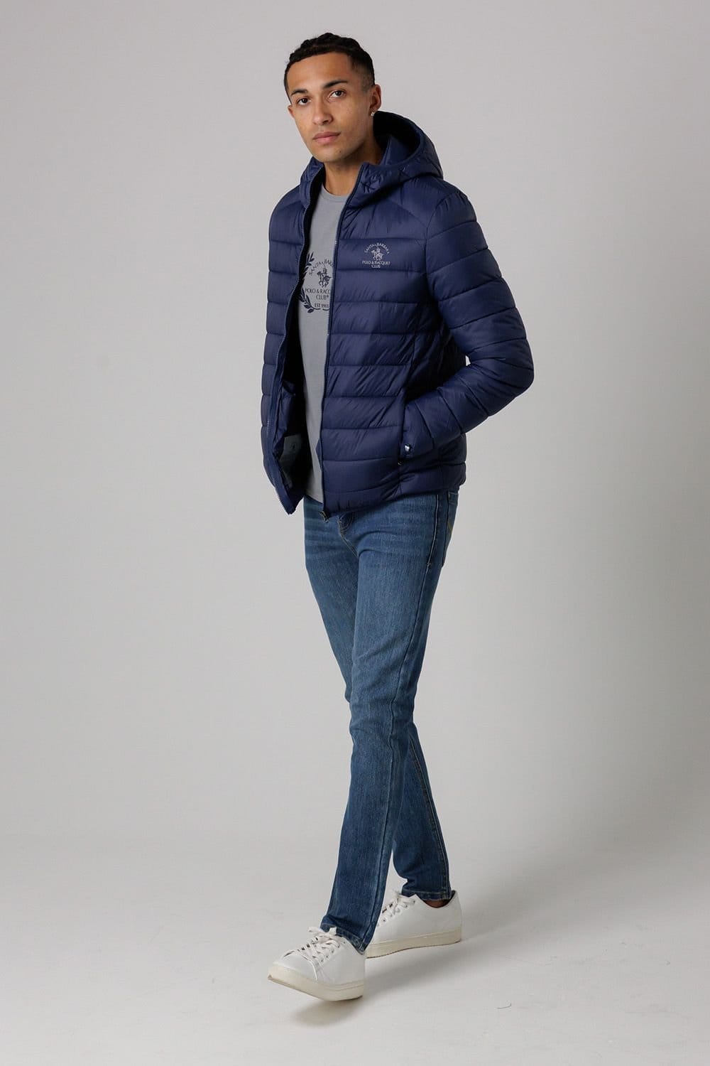 Santa Barbara Polo & Racquet Club Santa Barbara Polo & Racquet Club Men's Lightweight Zip Through Hooded Padded Jacket with Zipped Pockets in Navy - 4