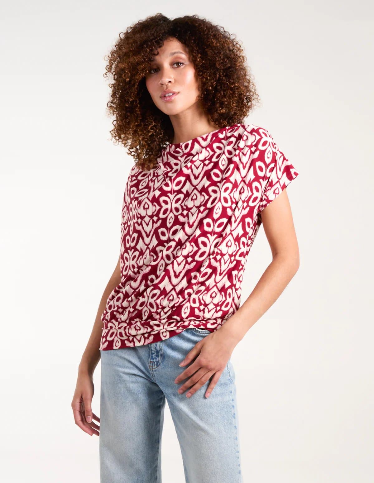 Blue Vanilla Blue Vanilla Burgundy Printed Cowl Neck Short Sleeve Top