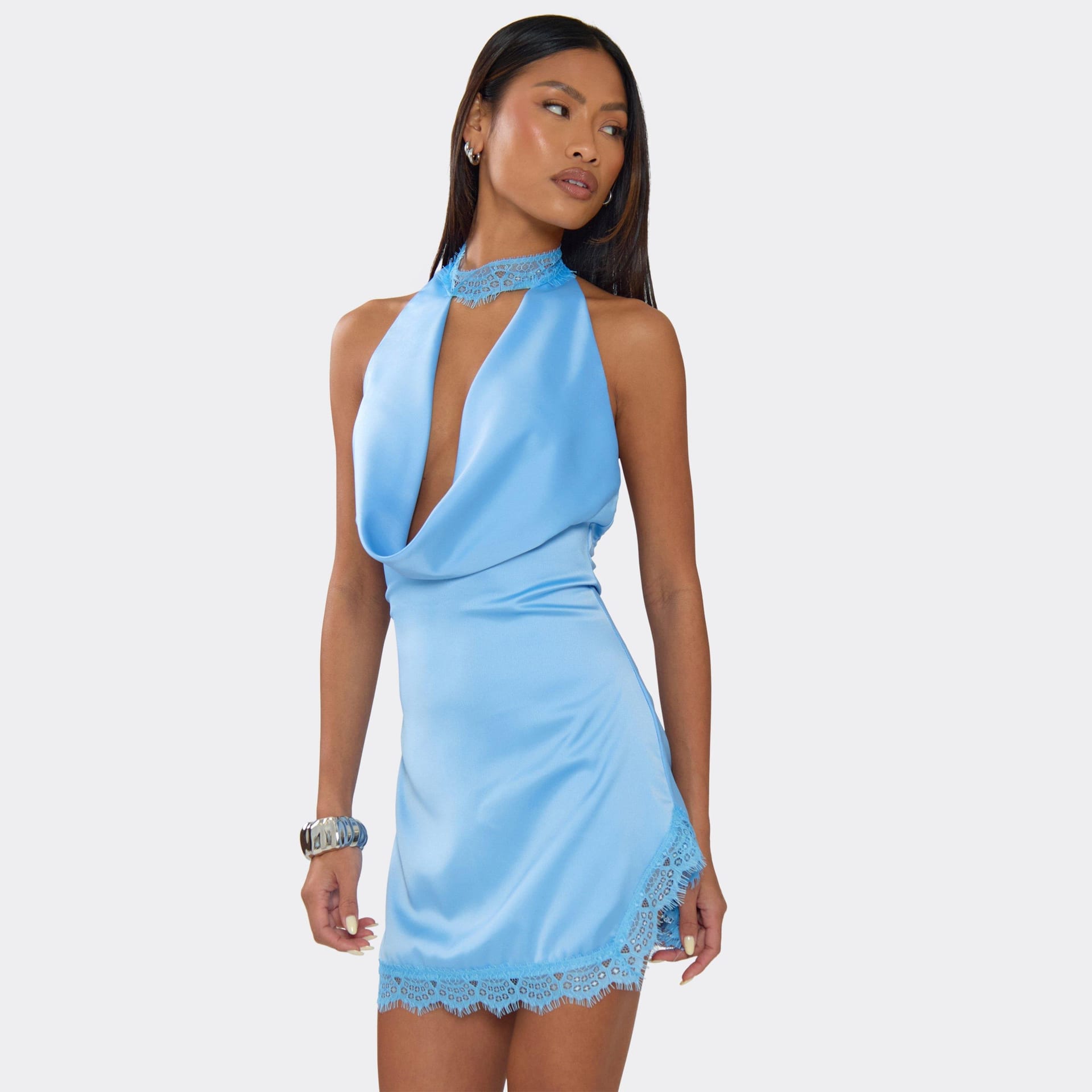 EGO Blue Satin Cowl Front Mini Dress With Lace Choker Trim