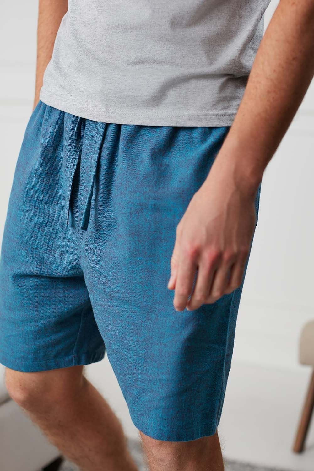 British Boxers British Boxers Men's 'Stornoway' Herringbone Brushed Cotton Sleep Shorts in Teal - 2