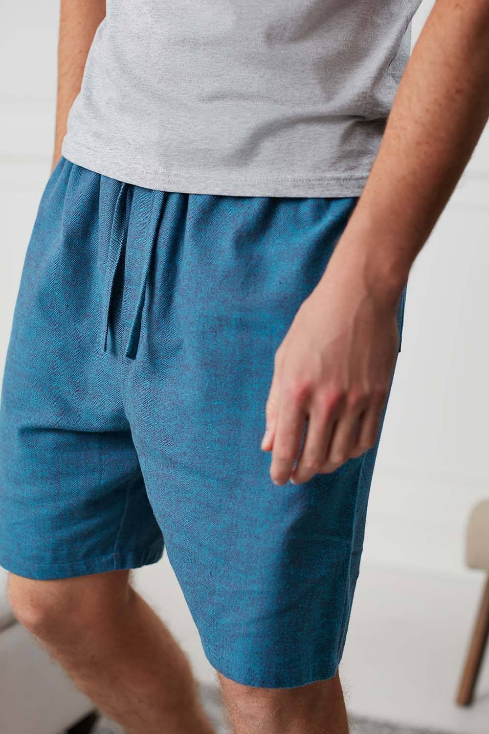 British Boxers British Boxers Men's 'Stornoway' Herringbone Brushed Cotton Sleep Shorts in Teal - 3
