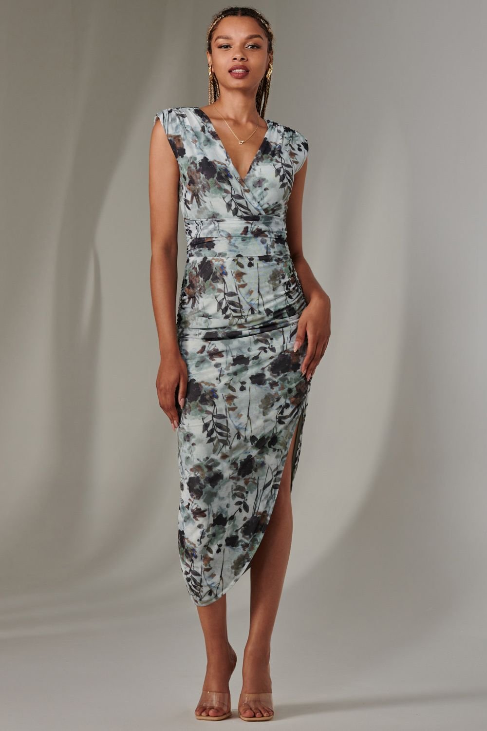 Jolie Moi Jolie Moi Women's Katrina Sleeveless Ruched Bodycon Dress in Grey - 4