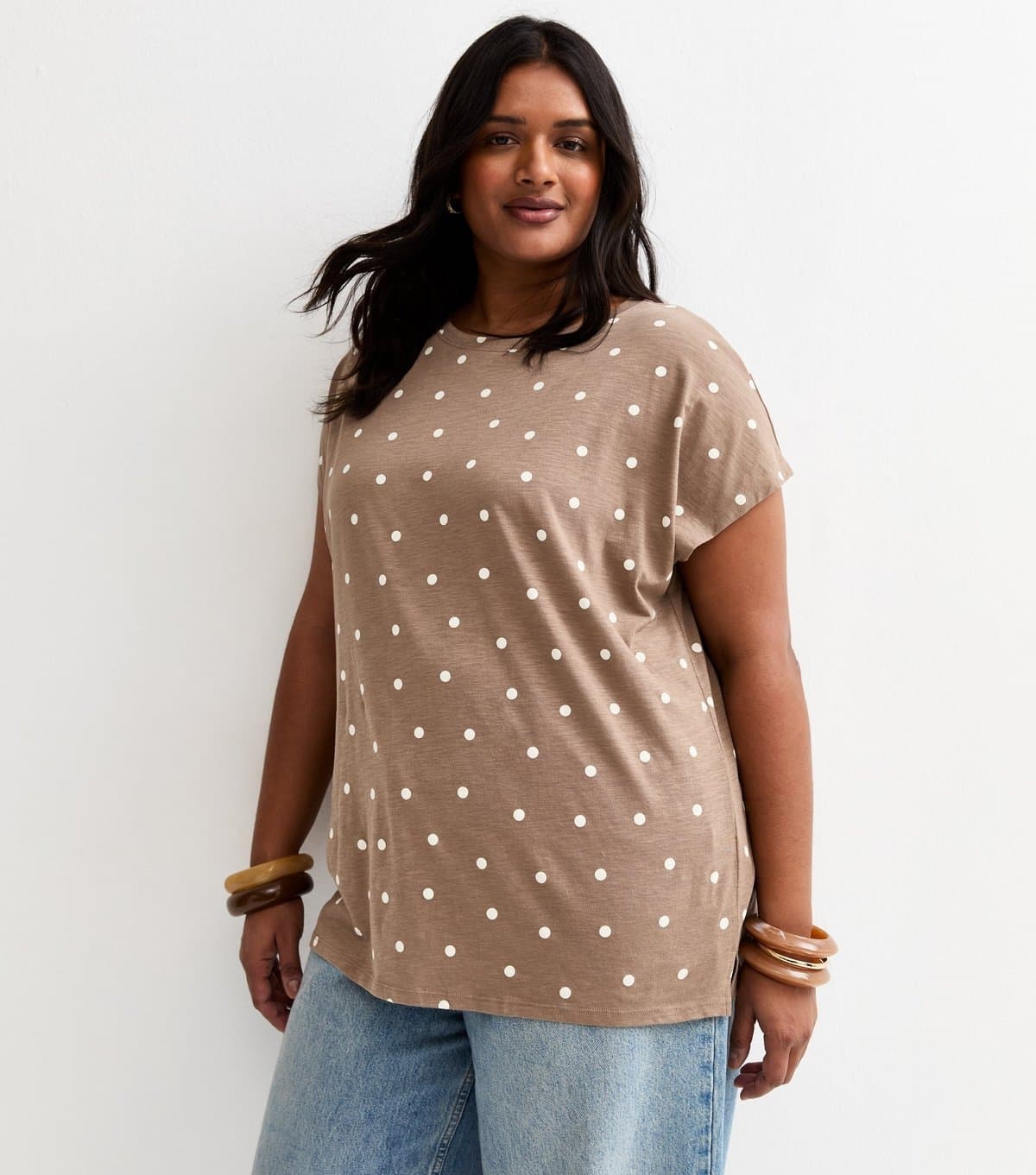 New Look New Look Brown Polka Dot Plus Size T-Shirt