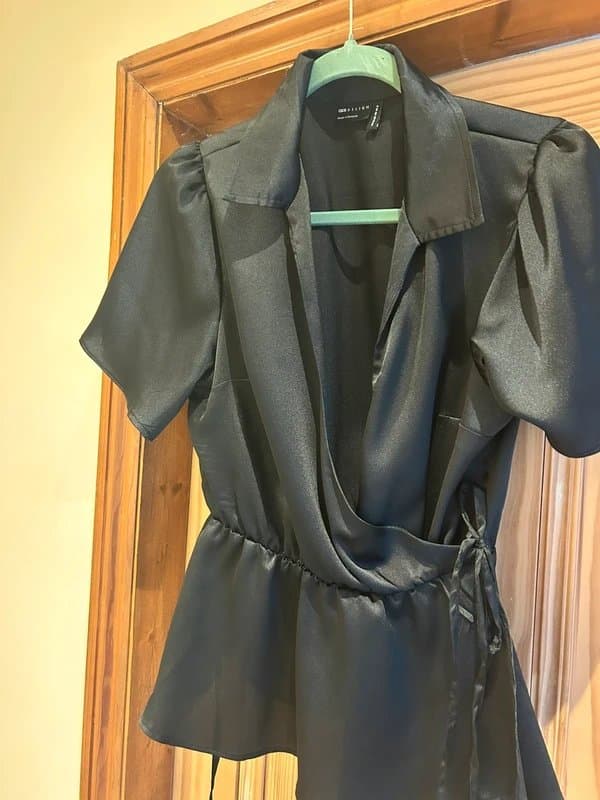ASOS ASOS design satin black wrap peplum top size 12