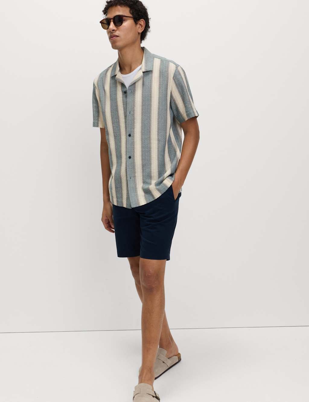 Marks & Spencer M&S Pure Cotton Striped Short Sleeve Shirt Navy Mix - 2