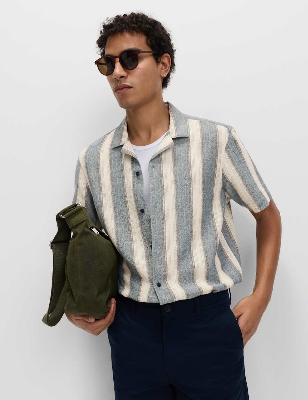 Marks & Spencer M&S Pure Cotton Striped Short Sleeve Shirt Navy Mix - 4