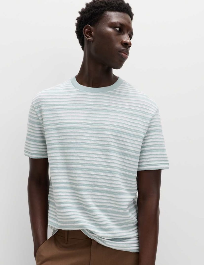Marks & Spencer M&S Relaxed Fit Cotton Rich Textured Striped T-Shirt Soft Blue - 1
