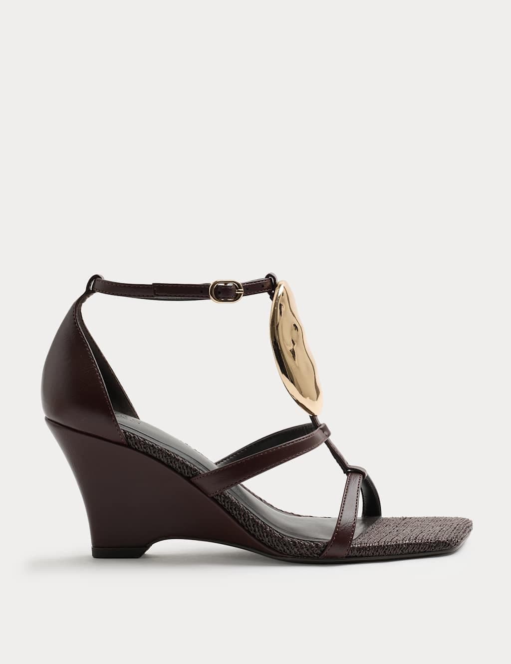 Marks & Spencer M&S Gold Trim Detail Strappy Wedge Sandals Dark Brown