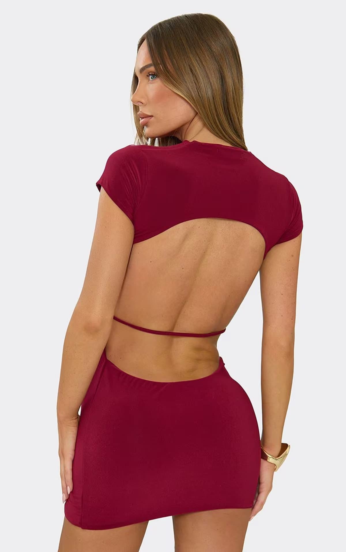 EGO Cross Front Backless Mini Dress In Burgundy, Women's Size UK 6