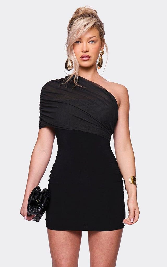 EGO One Shoulder Contrast Mesh Mini Dress In Black, Women's Size UK 6 - 2