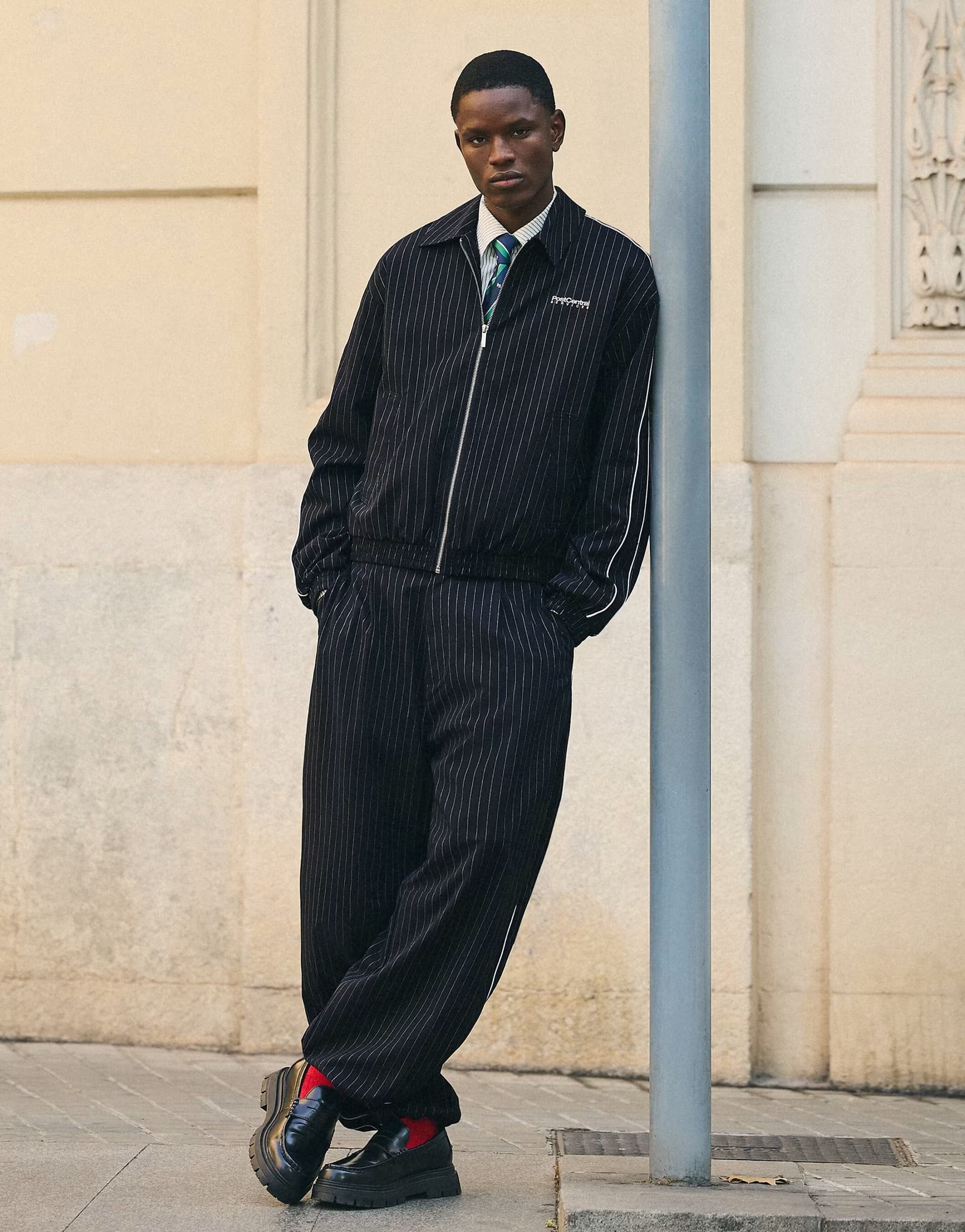 ASOS Bershka Super baggy pinstripe trousers in navy