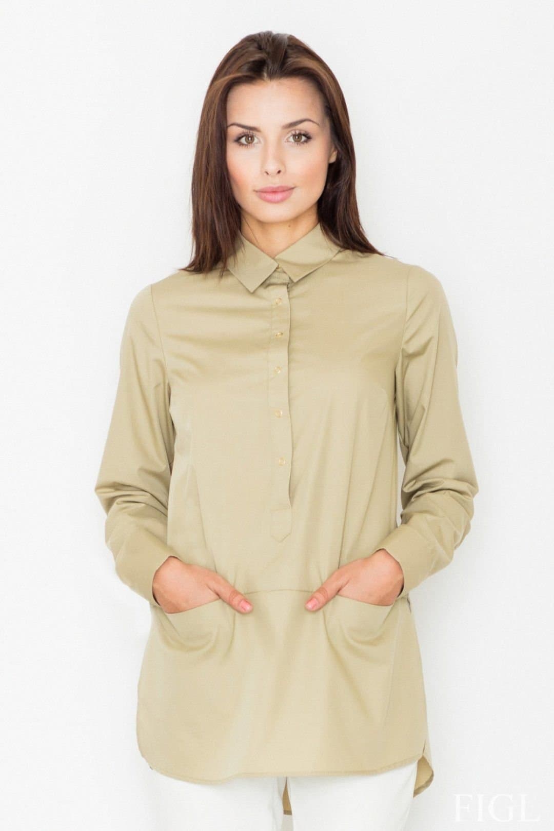 Love Lace Love Lace Women's Long Sleeve Extended Button Front Blouse Style 61513 in Beige