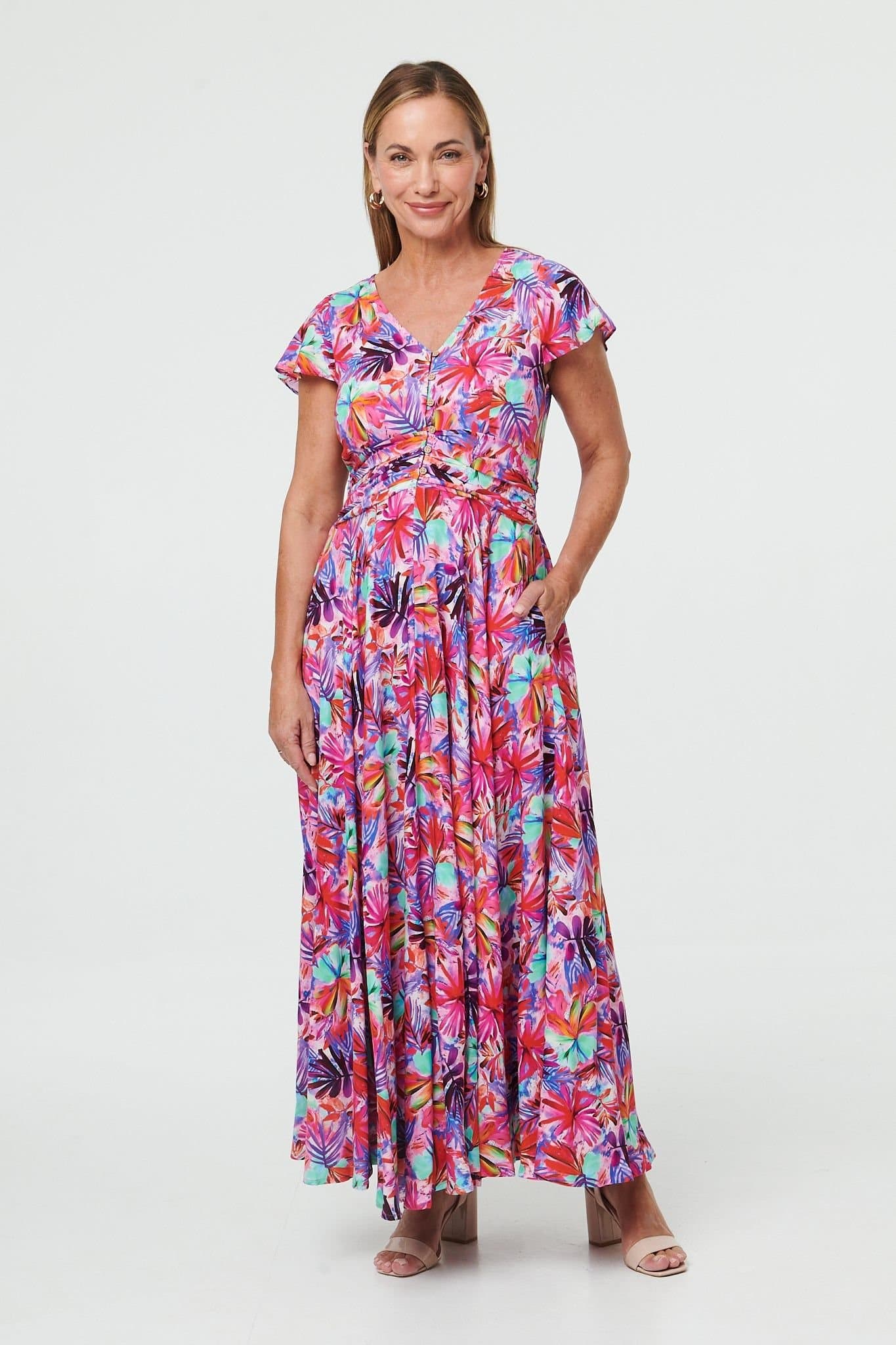 Izabel London Izabel London Women's Floral Cap Sleeve Maxi V-Neck Dress in Pink