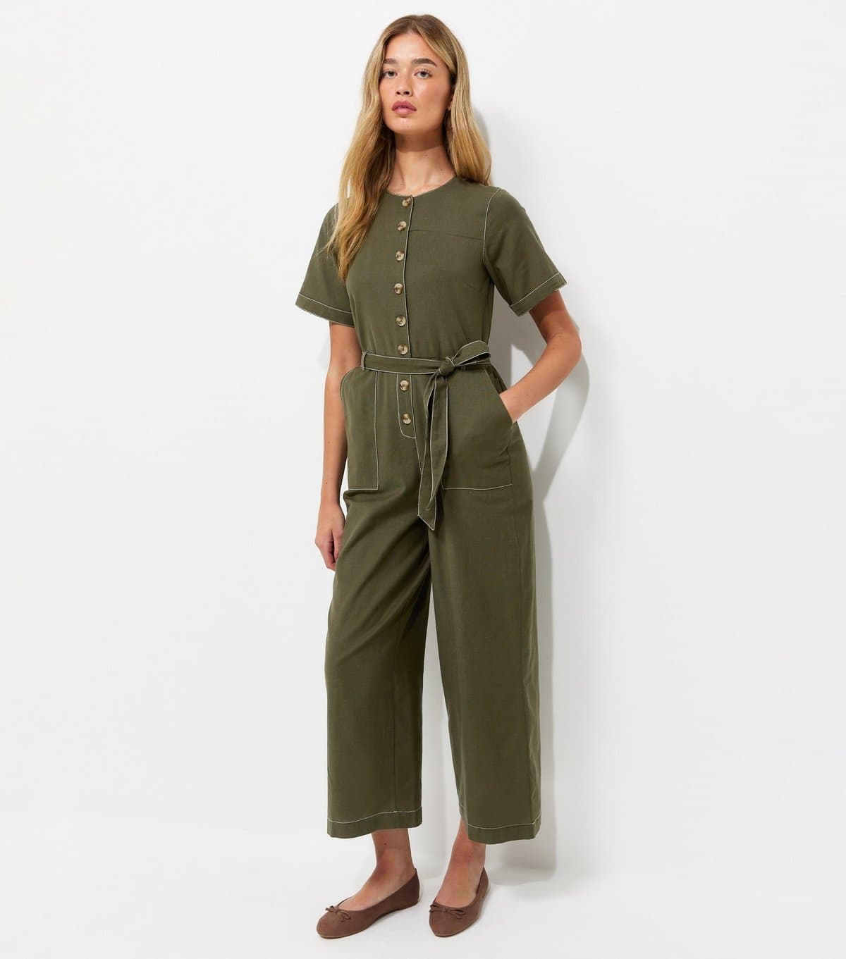 New Look Women's Tall Dark Khaki Contrast Stitch Button Jumpsuit New Look