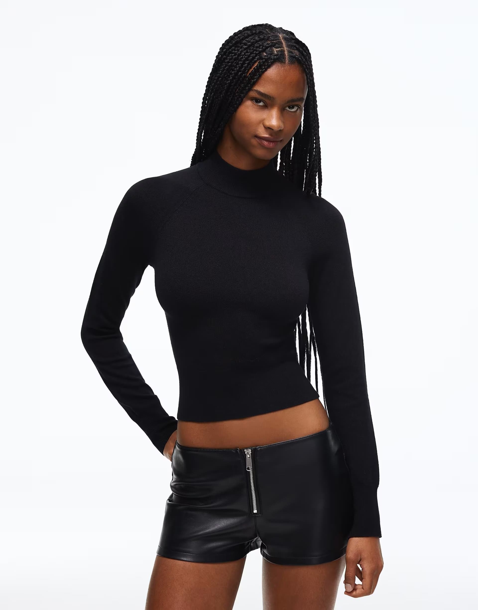 ASOS Bershka Leather effect shorts with front zip in black