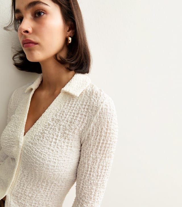 New Look Women's Cream Textured Jersey Collared Long Sleeve Top New Look - 2