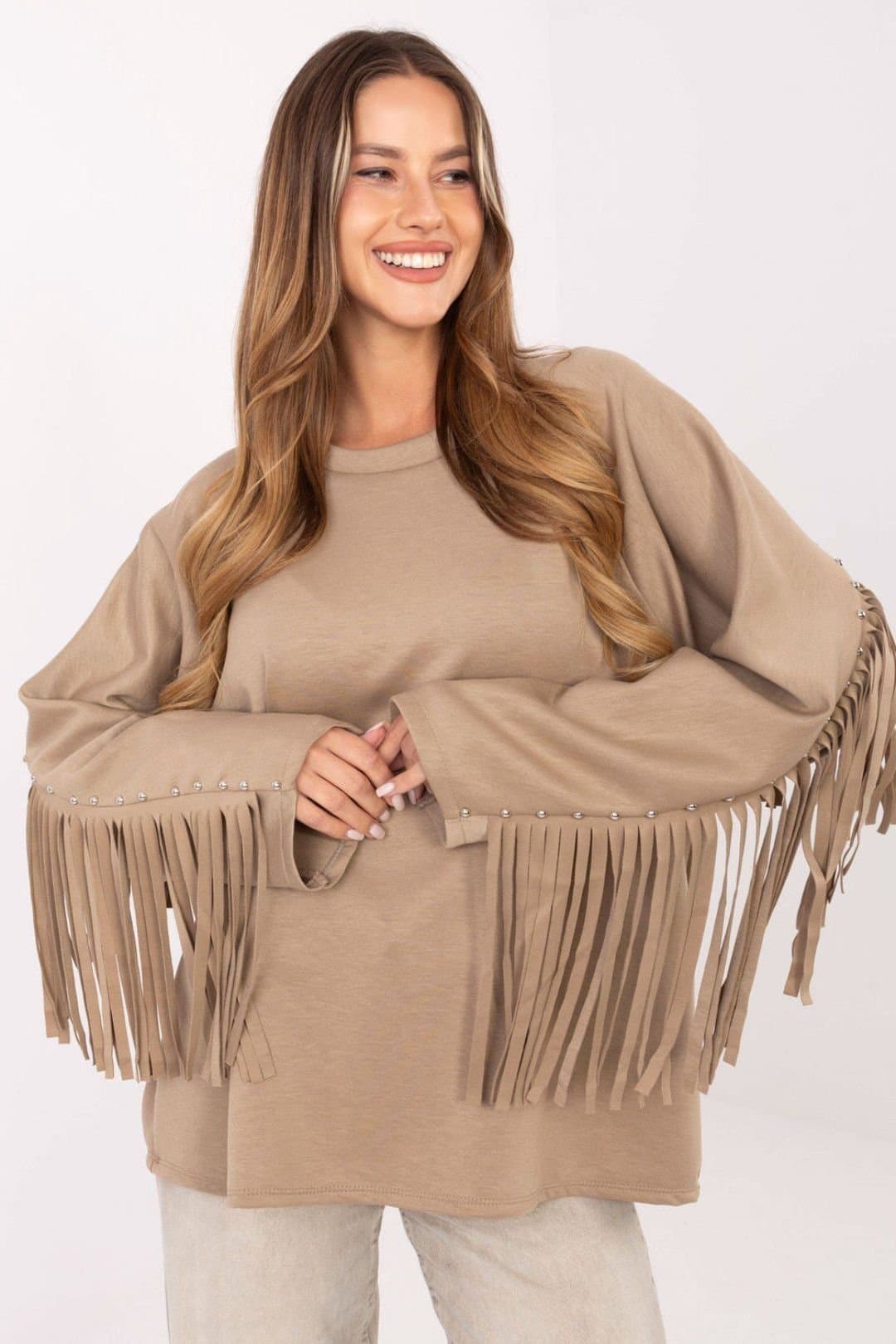 Love Lace Love Lace Women's Fringe Stud Viscose Blend Casual Sweatshirt in Beige