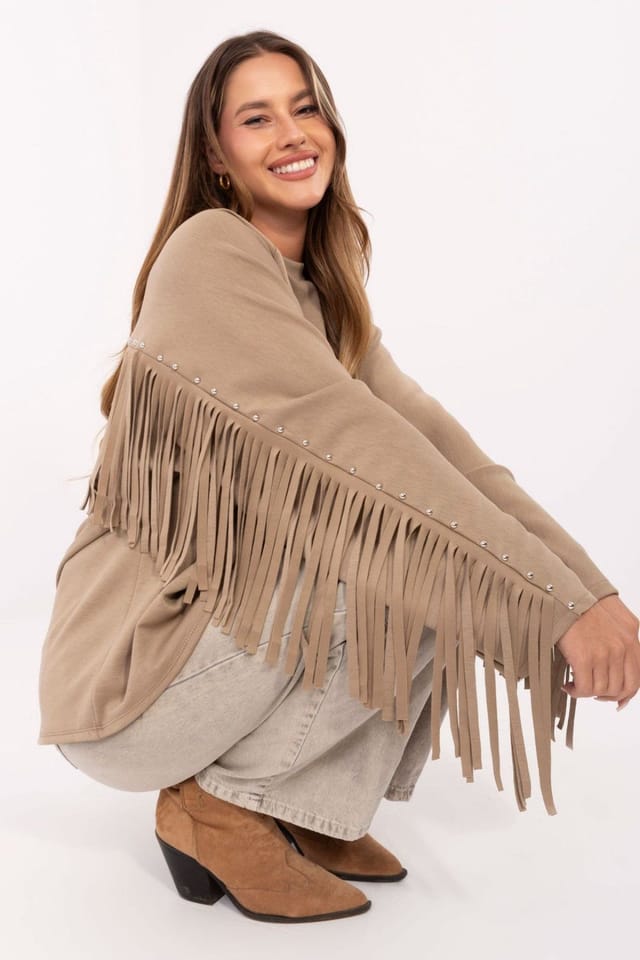 Love Lace Love Lace Women's Fringe Stud Viscose Blend Casual Sweatshirt in Beige - 2