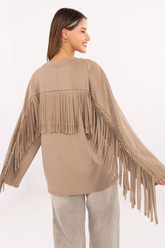 Love Lace Love Lace Women's Fringe Stud Viscose Blend Casual Sweatshirt in Beige - 3