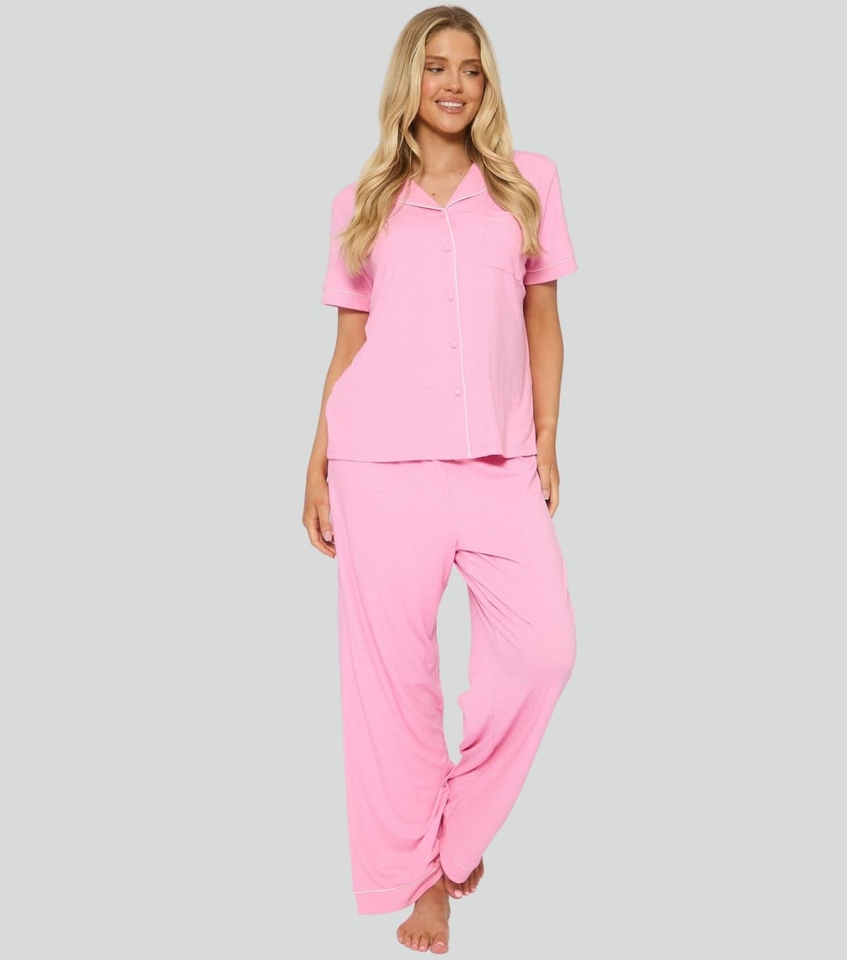 Loungeable Women's Bright Pink Ribbed Shirt And Trousers Pyjama Set Loungeable New Look