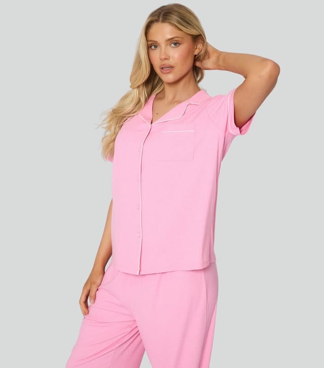 Loungeable Women's Bright Pink Ribbed Shirt And Trousers Pyjama Set Loungeable New Look - 2
