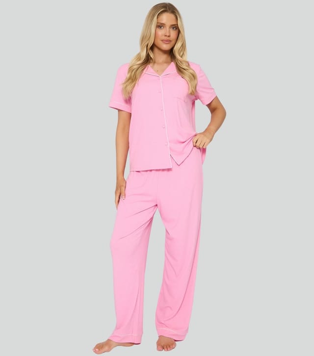 Loungeable Women's Bright Pink Ribbed Shirt And Trousers Pyjama Set Loungeable New Look - 3