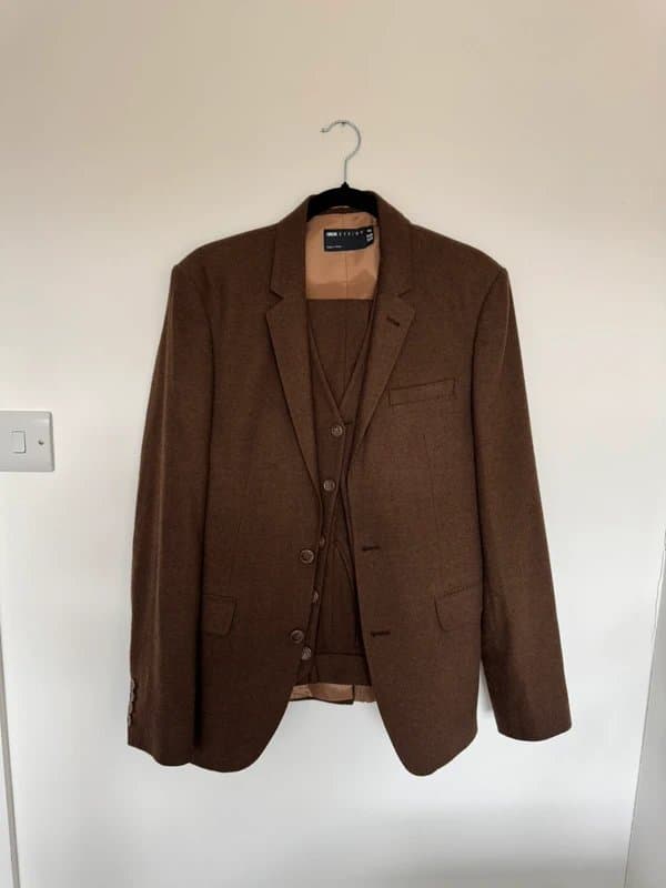 ASOS ASOS brown textured slim fit 3-piece suit jacket waistcoat and trousers