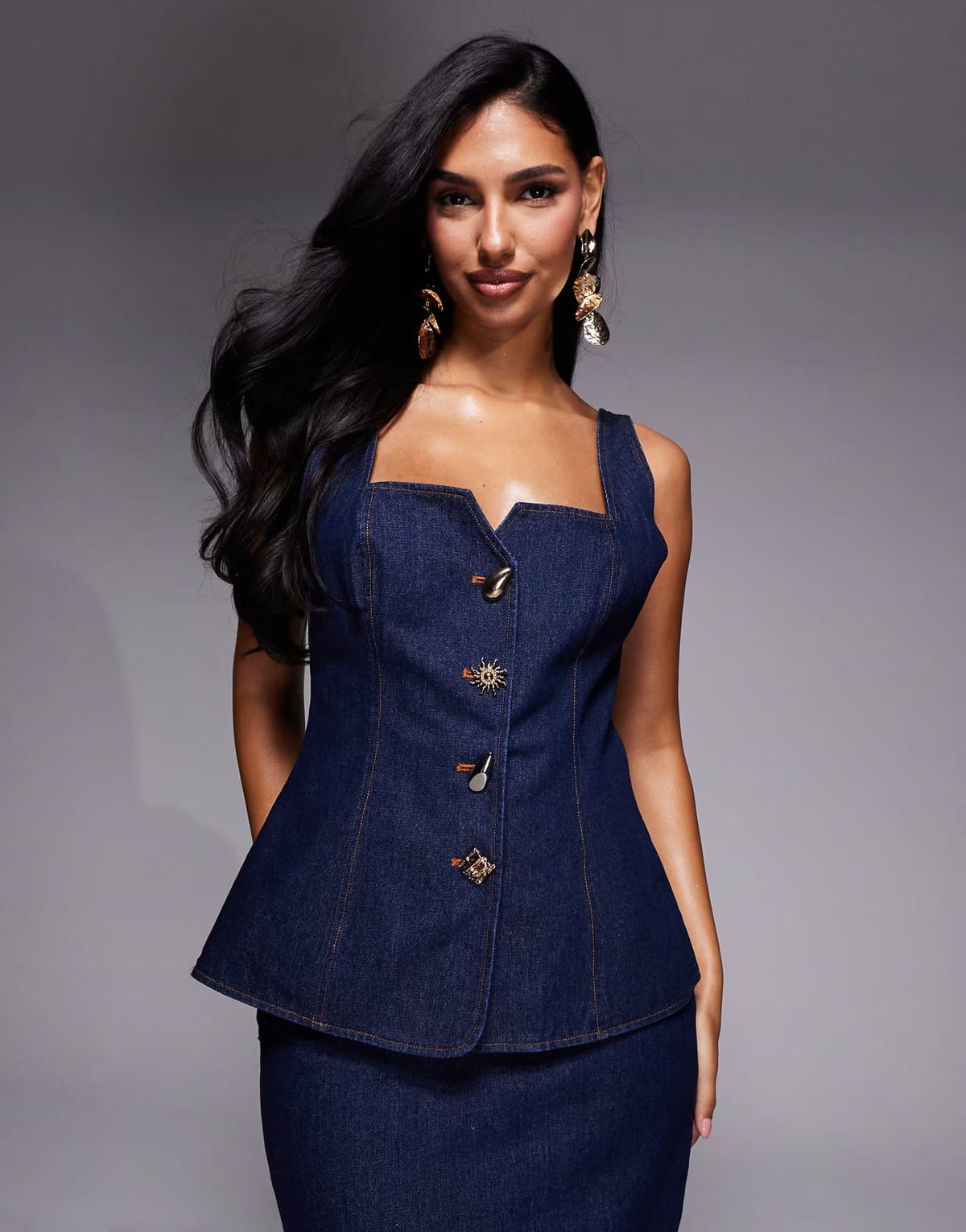ASOS ASOS LUXE co-ord denim waistcoat with gold buttons in indigo - 1