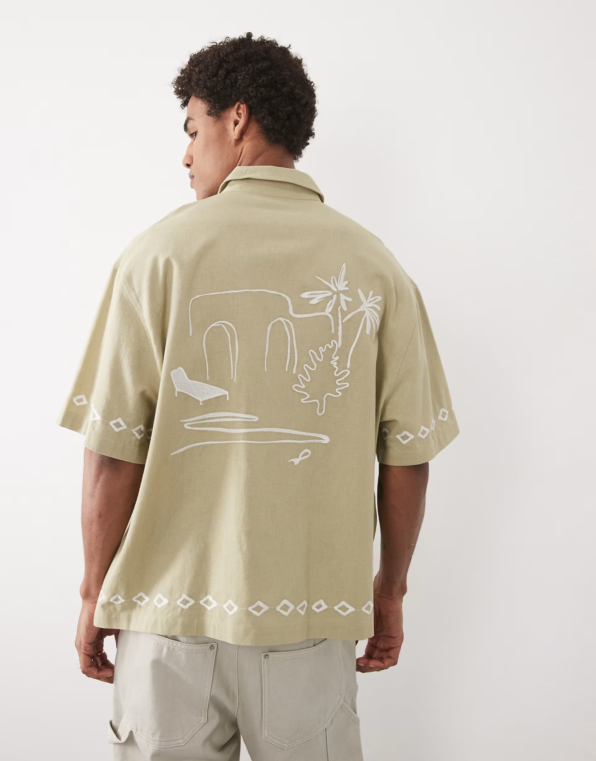 ASOS ASOS DESIGN oversized shirt with linen and embroidery in khaki