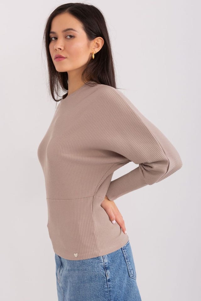 Love Lace Love Lace Women's Batwing Cotton Ribbed Blouse with Round Neck in Beige - 2