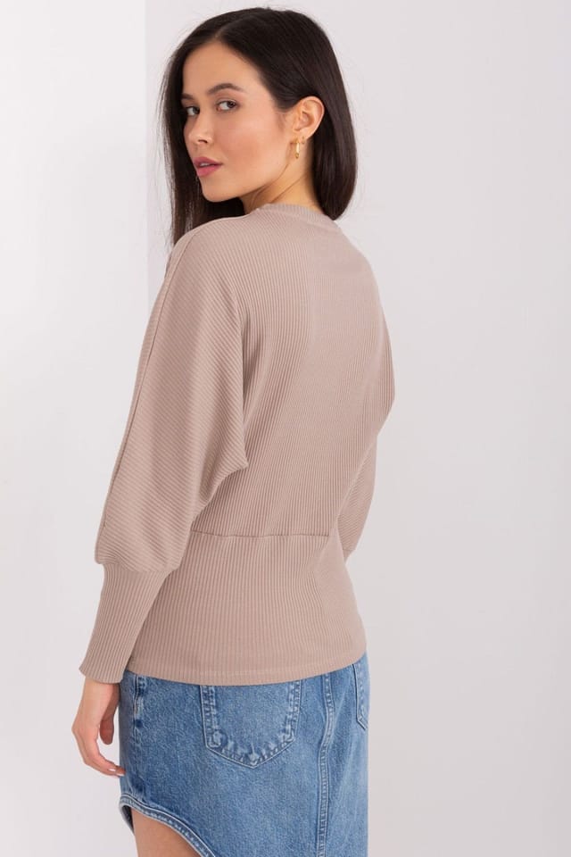 Love Lace Love Lace Women's Batwing Cotton Ribbed Blouse with Round Neck in Beige - 3