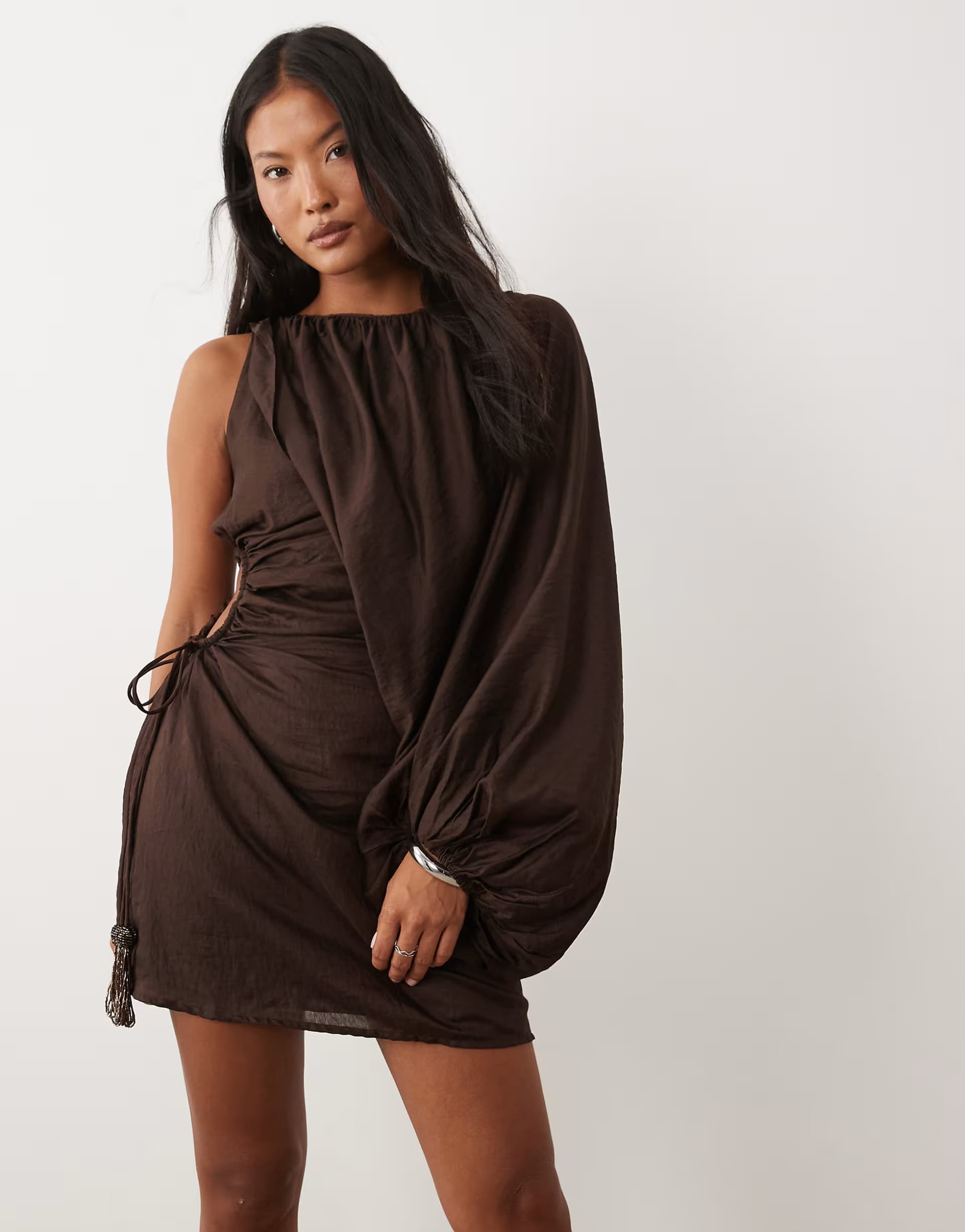 ASOS ASOS DESIGN Petite one shoulder blouson mini dress with cut out waist in chocolate