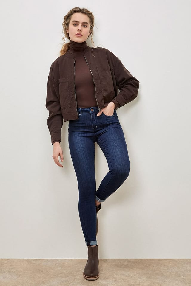 Apricot Apricot Women's Lightweight Denim Bomber Jacket in Brown - 2