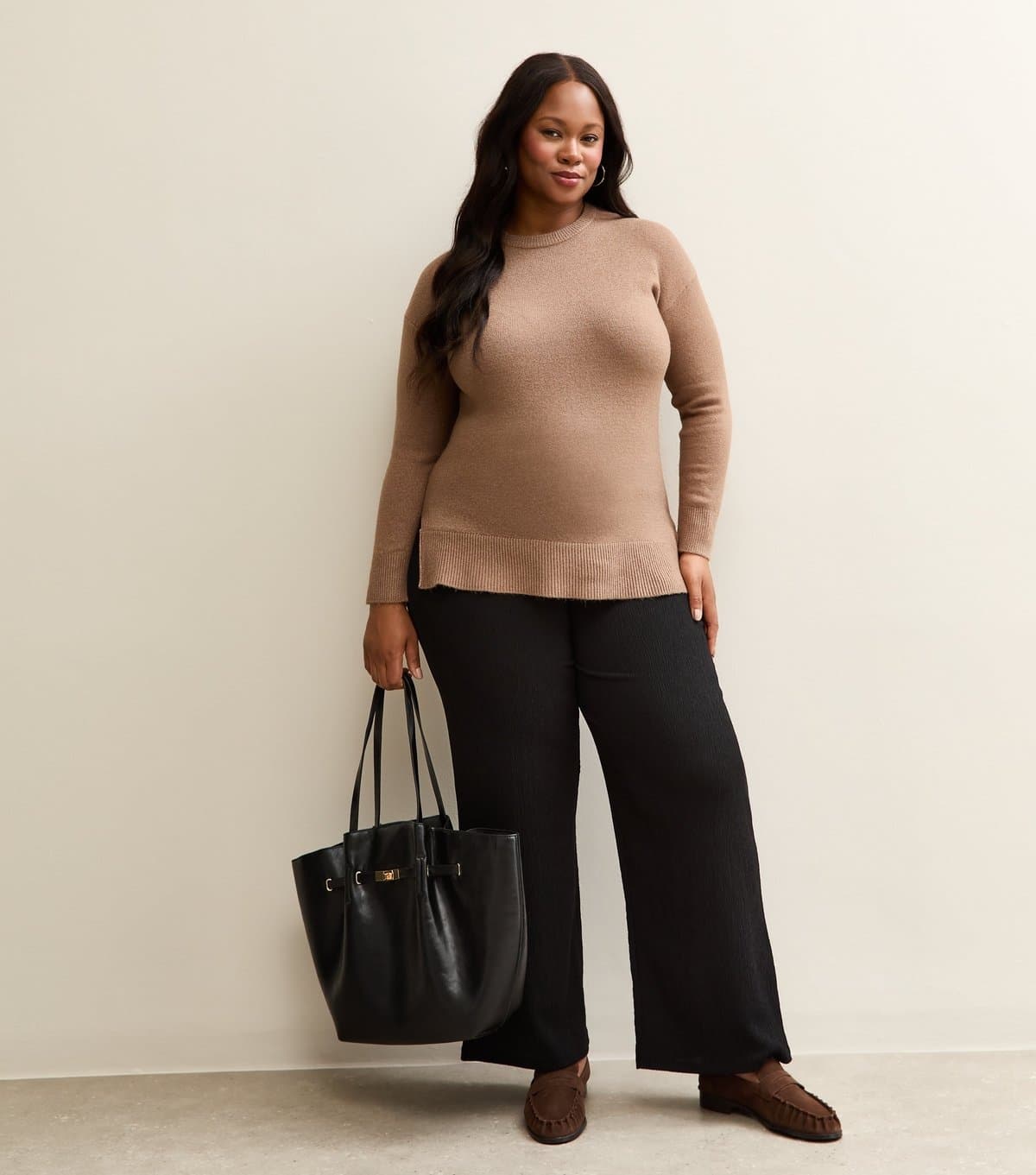 New Look Women's Plus Size Black Crinkled Wide Leg Trousers Curves New Look