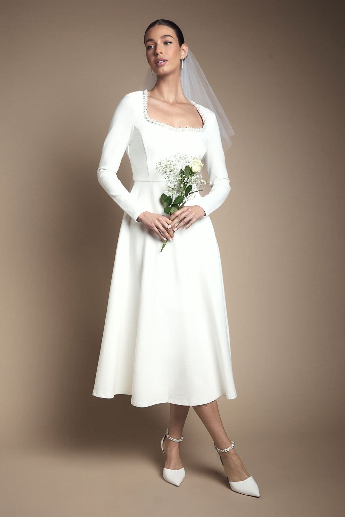 Coast Coast Women's Crystal Trim Ponte Long Sleeve Midi Wedding Dress in Ivory