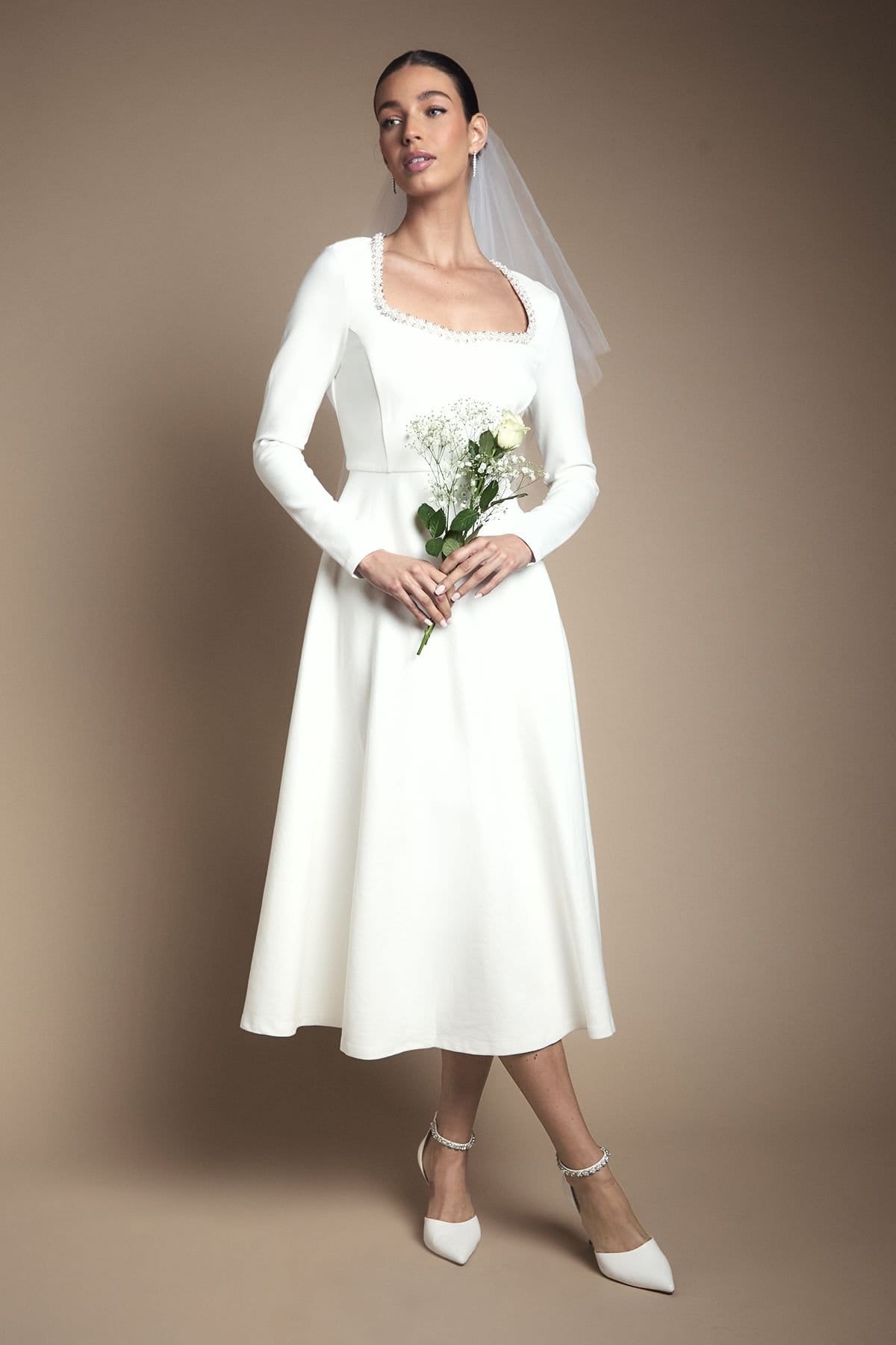 Coast Ivory Crystal Trim Ponte Long Sleeve Midi Wedding Dress